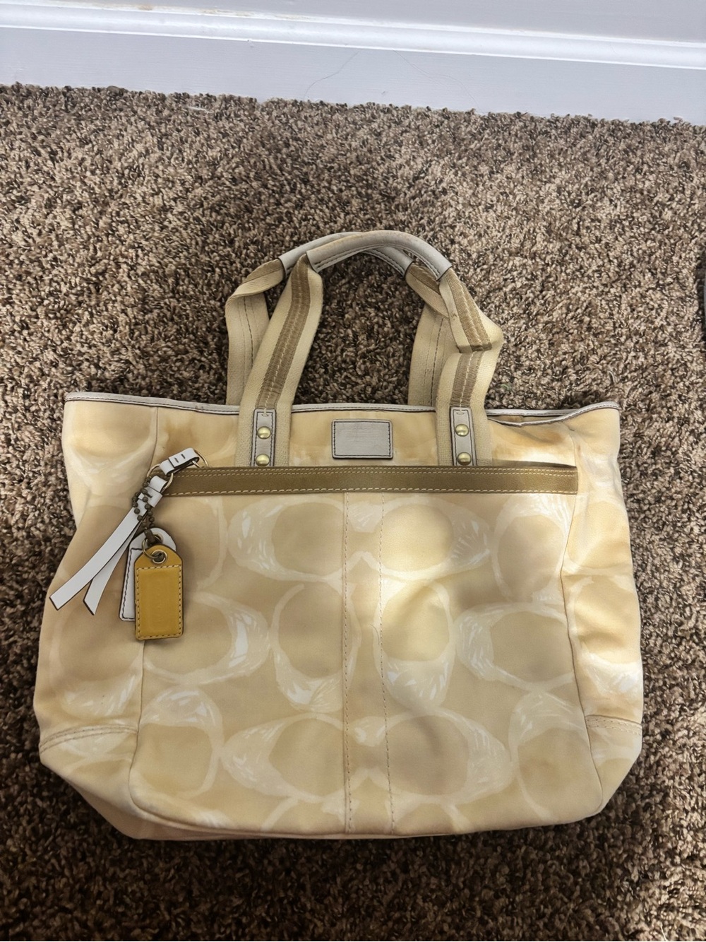 Coach Beige and Cream Signature Tote with Yellow Tag